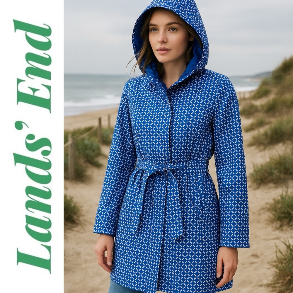 LANDS' END Cobalt Blue Zippered Trench Removable Quilted Liner & Hood, Size XS